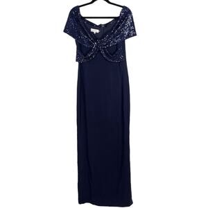 Teri Jon By Rickie Freeman 12 Navy Blue Embellished Crepe Column Gown Sequin